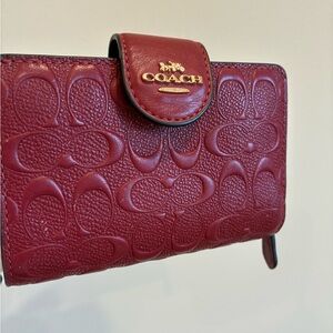 Coach EMbossed Medium Corner Zip Wallet In Signature Canvas Red Cherry